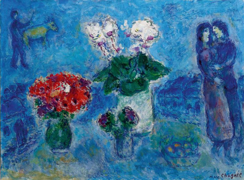 Lot 227 Marc Chagall Les Amoureux aux trois bouquets Signed Marc Chagall (lower right); signed Marc Chagall and dated 1980 (on the reverse) Oil on canvas 21 1/4 by 28 3/4 in. 54 by 73 cm Painted in 1980. Estimate $1/1.5 million