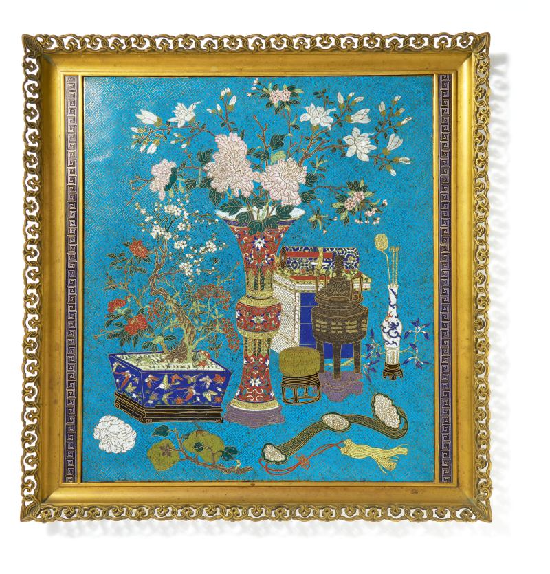 Cloisonné-Paneel China Qing-Dynastie | 2. H. 18. Jh.  Cloisonné auf Kupfer | 57 x 49cm Ergebnis: 19.350 Euro