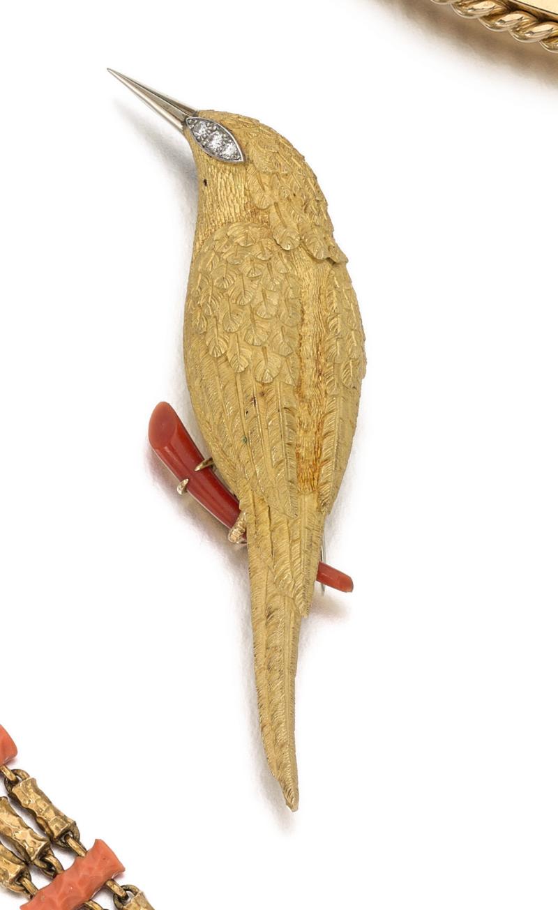 Lot 200 - Van Cleef & Arpels - Diamond brooch designed as a bird perched on a coral branch - Fine Jewels London 6 May 18