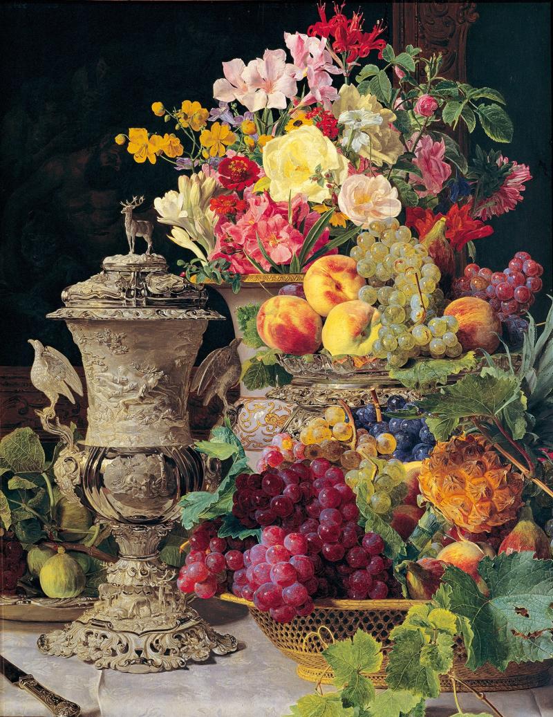 Ferdinand Georg Waldmüller, Stillleben mit Früchten, Blumen und silbernem Pokal © Belvedere, Wien