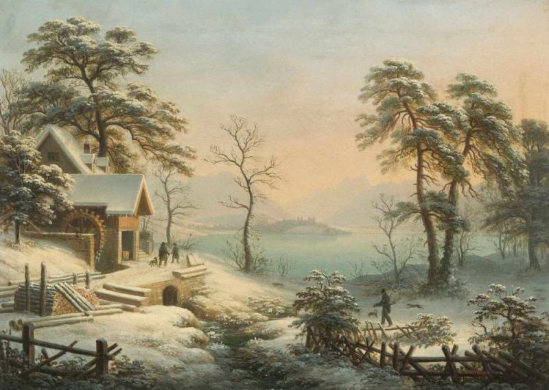 Winterlin, Anton (Degerfelden 1805–1894 Basel) Winterliche Ansicht von Feldbach gegen Rapperswil, 1847.  Schätzpreis:	1.800 - 2.400 CHF