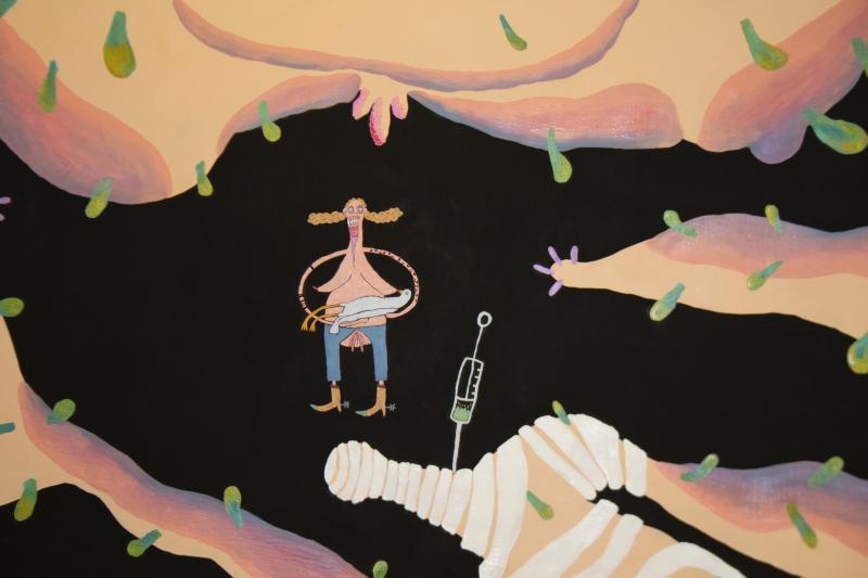 Sophia Süßmilch "Mädchen mit Taube (euer Aktionsmus hilft uns jetzt auch nicht weiter)", 380 x 220 cm, Detail, Öl und Acryl auf Leinwand, 2018 © Sophia Süßmilch