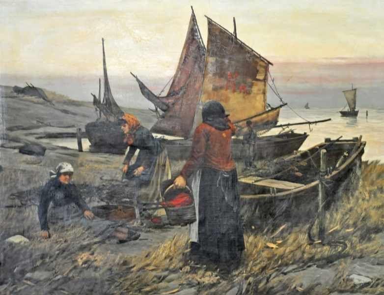 WANKIE Wladyslav (1860 Warschau- 1925 Warschau) "Fischerfrauen am Strand" mit Fischen in Fangnetzen und Körben. Mindestpreis:	6.000 EUR