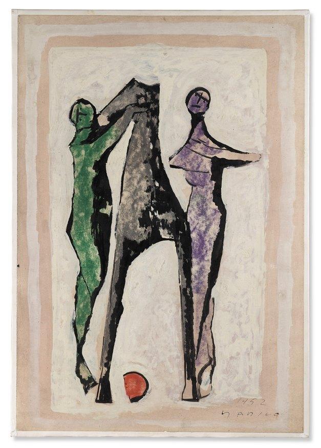 Marino Marini, „Giocolieri e cavallo“, 1952, Tempera und Gouache auf Papier auf Leinwand, 62 x 42,6 cm. Foto: Galerie Francaise Gérard Schneider/ © Bildrecht, Wien 2018