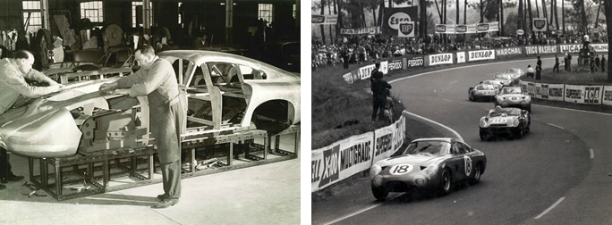 Master sheet metal worker Bert Brookes, in apron, affixes the magnesium/aluminum alloy panels to DP215 in 1963 (Credit - Courtesy of Ted Cutting/Aston Martin Lagonda). Phil Hill leading the NART Ferrari 330 TRI/LM on the opening lap of the 1963 24 Hours of Le Mans (Credit - Courtesy of LAT Images).