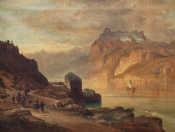 MAYBURGER, Joseph. 1814 Straßwalchen - 1908 Salzburg. Blick auf den Vierwaldstättersee mit Segelschiffen und Urner Alpen. Mindestpreis:	900 EUR