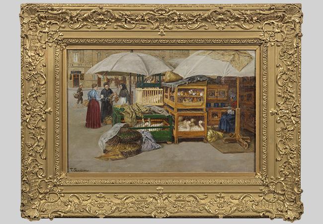 Lot 1257 Franz Skarbina (1849 – 1910) Berliner Straßenszene mit Marktstand. Öl/Lwd., sign.; 34 cm x 54 cm.