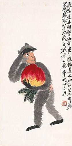 Der Affe hat einen Pfirsich gestohlen Album der chinesischen Tierkreiszeichen, 9 von 12 Qi Baishi, Farben auf Papier, 68×33.5 cm, 1944 Sammlung der Kunstakademie Peking © Beijing Fine Art Academy