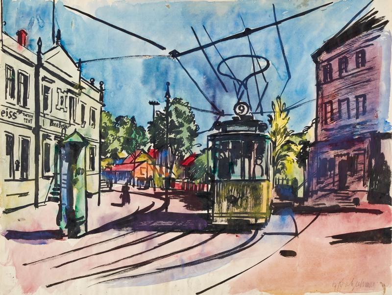 Bernhard Kretzschmar  (1889–1972) Straßenbahn Aquarell und Tusche auf Velinpapier 43,9 × 58,2 cm www.lostart.de/DE/Fund/477900  Kunstmuseum Bern, Legat Cornelius Gurlitt 2014, Provenienz bislang nicht aufklärbar VG Bild-Kunst, Bonn 2018