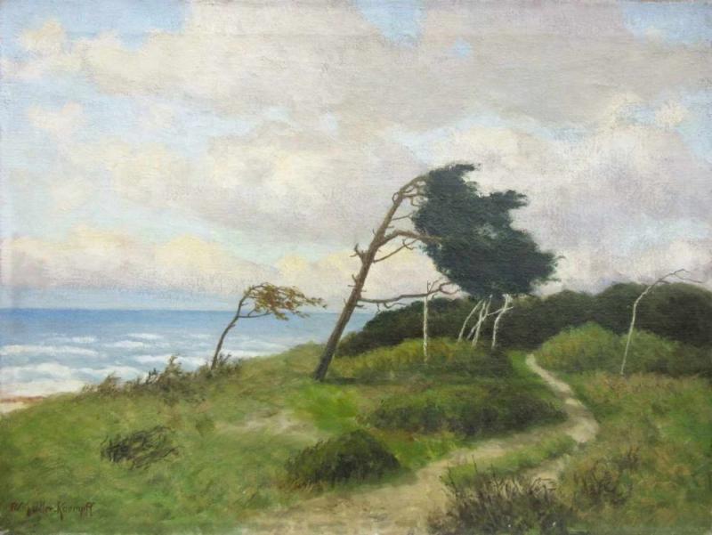 Müller-Kaempff, Paul (1861 Oldenburg - 1941 Berlin) „Windflüchter auf dem Darß/Rehberge“ Öl auf Leinwand, unten links signiert, ohne Jahr, Maße: 60x80 cm Aufrufpreis:	3.500 EUR