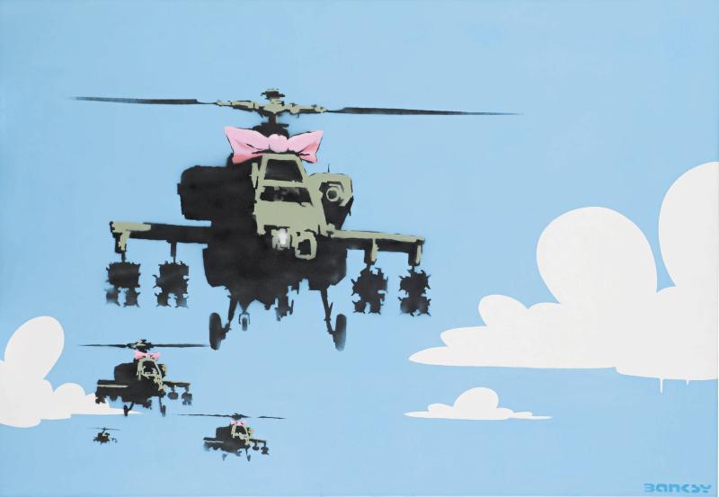 Banksy Happy Choppers stenciled with the artists name; signed, dated 2006 and numbered 1/3 on the overlap spray paint and emulsion on canvas 49⅞ x 72 in.; 126.7 x 182.9 cm. Executed in 2006, this work is number 1 from an edition of 3. Estimate $400/600,000