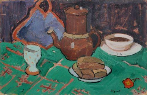 899   Albert Wigand "Stilleben mit brauner Kaffeekanne und Topflappen". 1940. Schätzpreis: 3.500 - 4.000 €