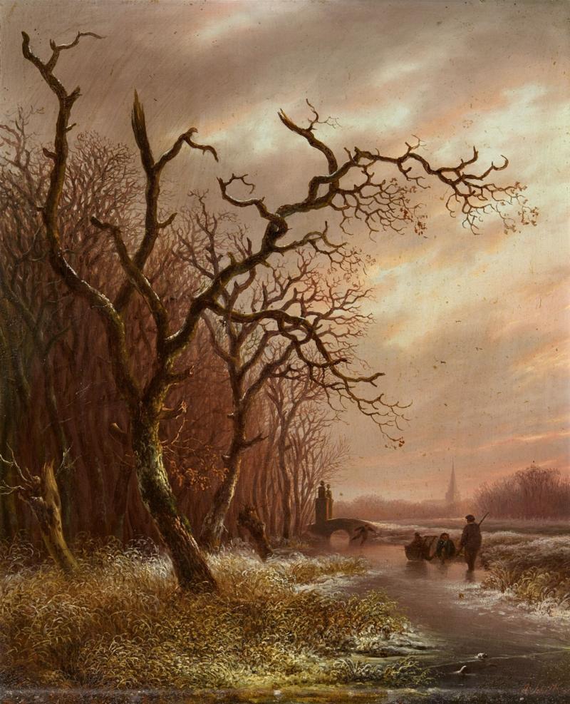 Lot 217  Andreas Schelfhout Abendliche Winterlandschaft mit Schlittschuhl ...   Schätzpreis: € 6.000 - € 7.000