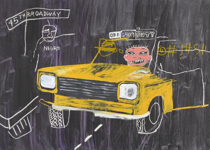 Jean-Michel Basquiat and Andy Warhol Taxi, 45th/Broadway Circa 1984-85 Acrylic, oil stick, synthetic polymer and silkscreen ink on canvas 196.2 by 272.4 cm | 77¼  by 107¼ in Estimate $6/8 Million