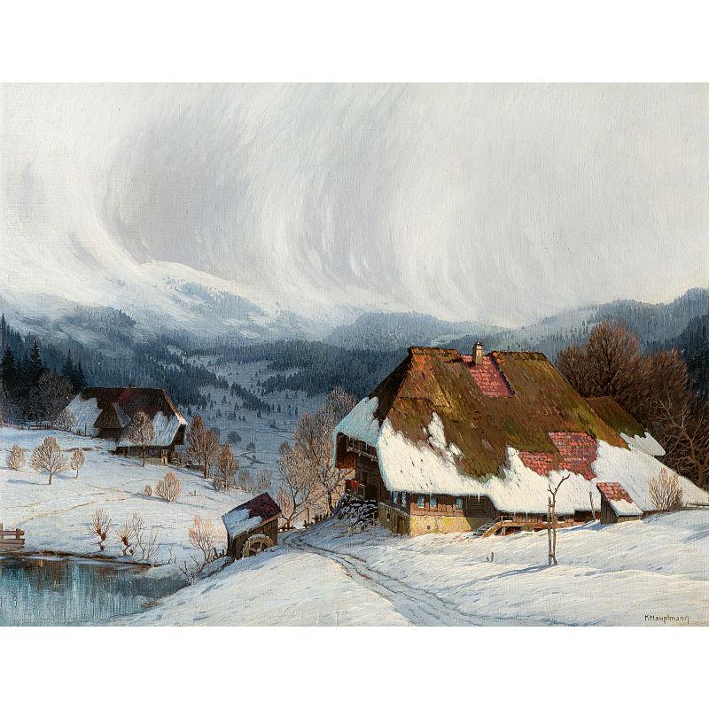 3438 Hauptmann, Karl  1880 Freiburg i.Br. - 1947 Todtnau. Schwarzwaldhöfe an einem stürmischen Wintertag. Öl auf Leinwand. U.r. sign.  H. 70,5 B. 91,5 cm. Limit: 5500,- EUR