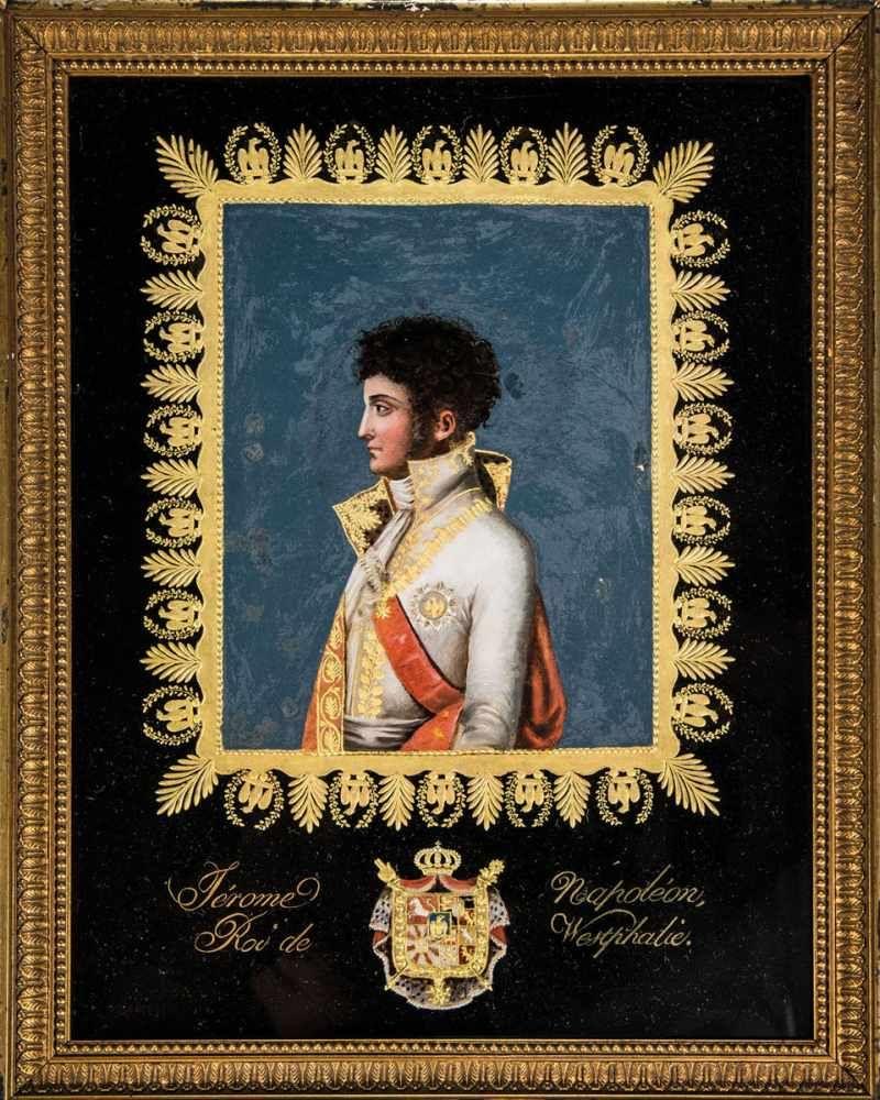 Museale Glasplatte mit Brustbildnis von "Jérome Napoléon Roi de Westphalie" Signiert "QUIRIN GRAVEUR", um 1807,  Schätzpreis:	6.000 - 8.000 EUR