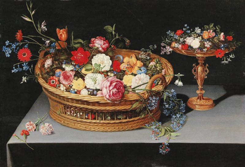 Jan Brueghel II. (1601 - 1678) Blumenarrangement in einem Korb mit Tazza, Öl auf Holz, 59 x 86,5 cm, Schätzwert € 180.000 - 250.000, Auktion Alte Meister, 23. Oktober 2018