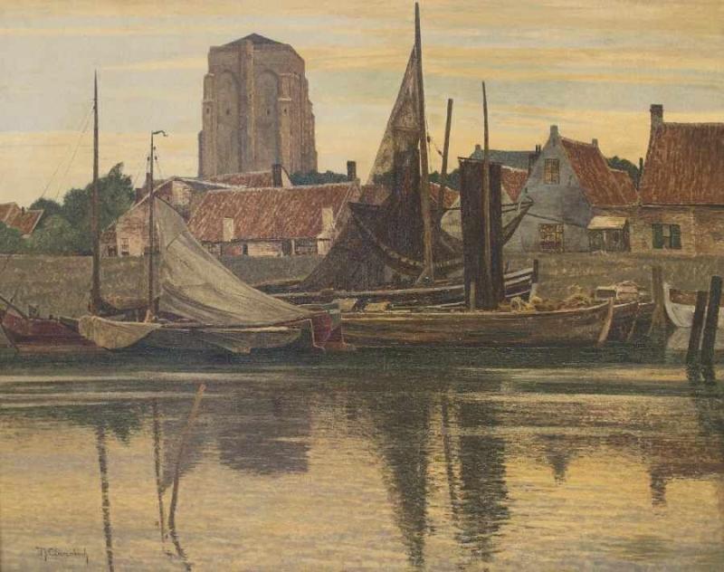 Max Clarenbach 1880 Neuss - 1952 Wittlaer Fischereihafen am Abend (Zierikzee) Öl auf Lwd; H 110,5 cm, B 135,5 cm; signiert u. l. "M.  Schätzpreis:	10.000 - 15.000 EUR