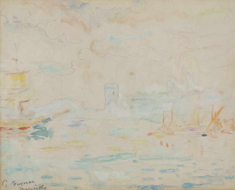 Paul Signac 1863 - 1935 Marseille Aquarell mit Deckweiß auf Papier; H 205 mm, B 250 mm (Passepartoutmaß); signiert u. l. "P. Signac Marseille"; schriftliche Bestätigung von Marina Ferretti, Paris vom 28.2.2018 vorhanden Schätzpreis:	5.500 - 6.500 EUR