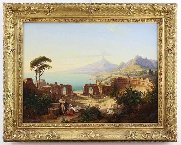 Freydanck, Carl Daniel (Berlin 1811 - 1887 Strausberg)  Gemälde "Blick auf das griechische Theater von Taormina auf Sizilien", unten rechts signiert und datiert "Freydanck 1837", 42,5 x 56,5 cm Mindestpreis:	7.000 EUR