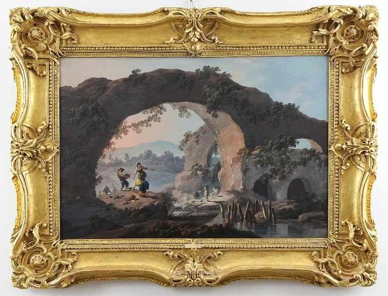 Pillement, Jean-Baptiste (Lyon 1728 - 1808 Lyon)  Gemälde, Öl auf Leinwand, Bauern und Schäfer unter einem antiken Viadukt, unten mittig signiert "Pillement", 41,5 x 60,5 cm Mindestpreis:	9.000 EUR