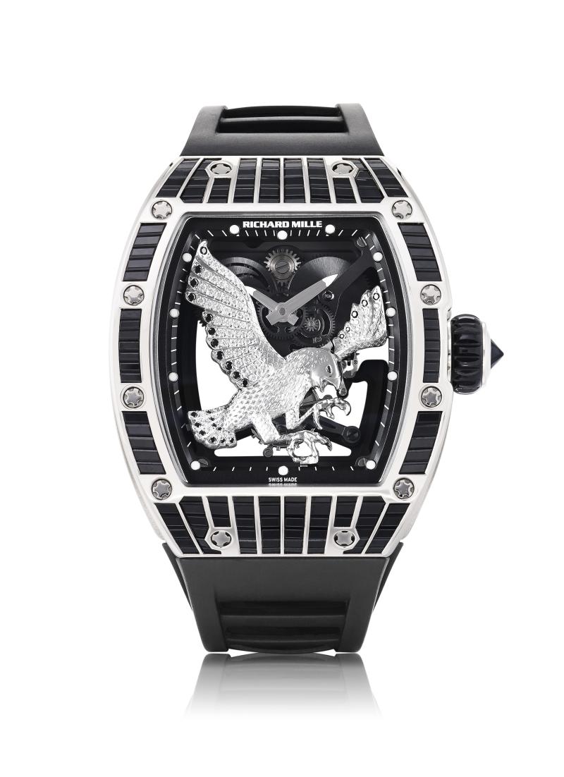 LOT 228 RICHARD MILLE RM 57-02 FALCON EXCEPTIONAL AND UNIQUE WHITE GOLD, DIAMOND AND SAPPHIRE-SET SKELETONISED TOURBILLON WRISTWATCH WITH POWER RESERVE INDICATION CIRCA 2017  CHF 800 000-1 200 000/USD 810 000-1 220 000