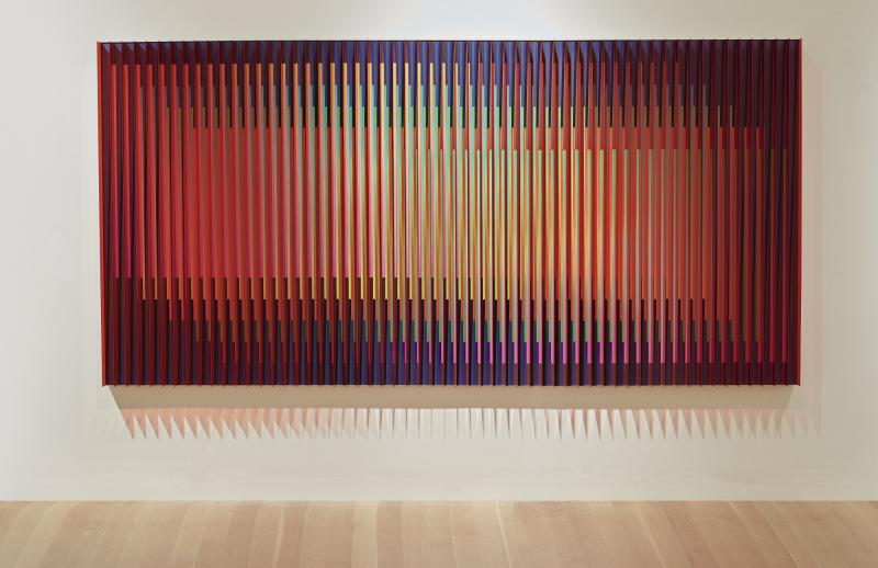 Lot 484 Carlos Cruz-Diez Physichromie Panam signed, titled and dated 2015 on the reverse acrylic and plastic elements on aluminum 59 by 118 1/8 in. 150 by 300 cm. Estimate $500/700,000