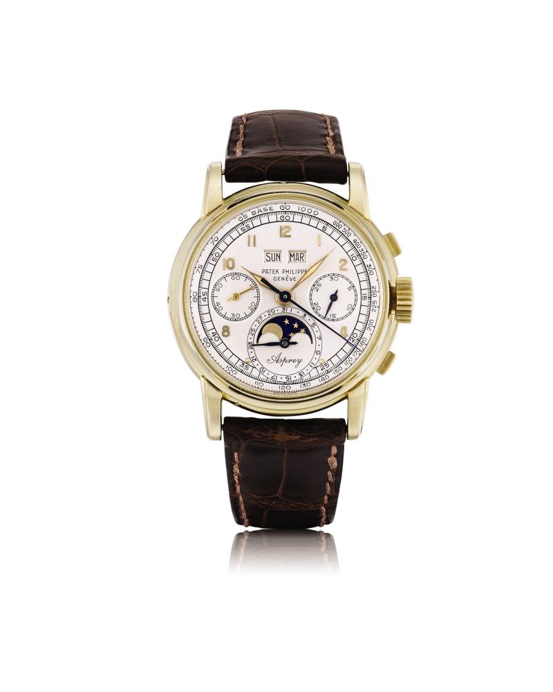 THE ASPREY Patek Philippe Retailed by Asprey: Reference 2499 Possibly unique and highly important, yellow gold perpetual calendar chronograph wristwatch with moon phases made in 1952 Estimate CHF 2,000,000 — 4,000,000 Sold for CHF 3,915,000