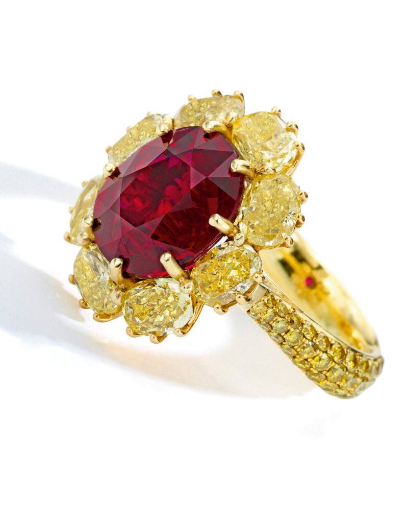 Lot 89 Property From An Important American Collection A Superb Ruby and Colored Diamond Ring Centering an oval-shaped ruby weighing 8.11 carats, framed by oval-shaped diamonds of yellow hue, the band further pavé-set with round diamonds of yellow hue Estimate $2.5/ 3.5 million