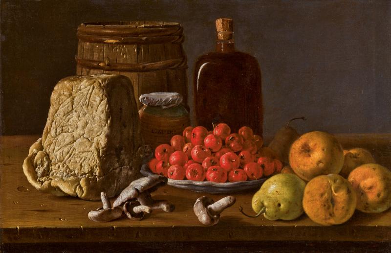 LUIS MELÉNDEZ Still life with a plate of azaroles, fruit, mushrooms, cheese and receptacles signed with initials on the jar in the centre: L.s M.z D.zo oil on canvas 15½ by 24 in.; 39.5 by 61 cm. Estimate $1.5/2 million