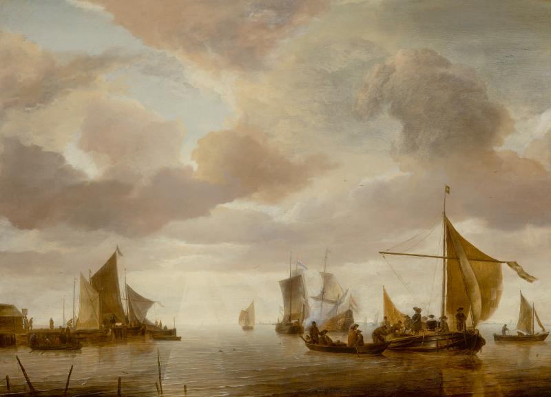 Jan Van De Cappelle  A shipping scene on a calm sea, with a number of vessels and figures, and a jetty on the left signed with monogram lower right, on boat: IVC oil on panel 24½ by 32¾ in.; 62.2 by 83.2 cm. Estimate $4/6 million