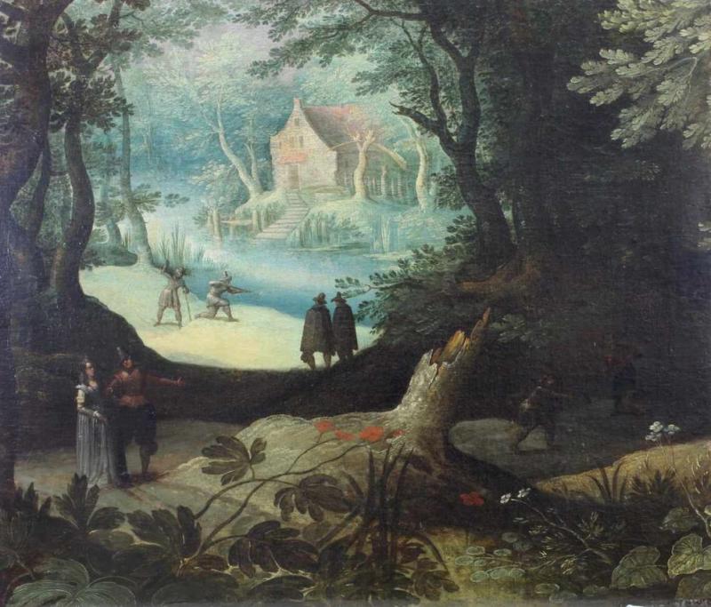 Brueghel d.Ä., Jan, Schule des (16. Jh./17. Jh.)  "Waldlandschaft mit Jägern und höfischem Paar" Mindestpreis:	4.000 EUR