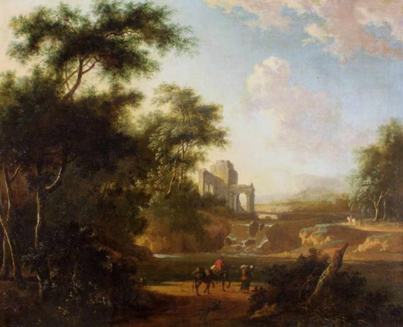 Moucheron, Isaac de (1667 Amsterdam - 1744 ebda) "Landschaft mit Reisenden vor einer Ruine" Mindestpreis:	3.500 EUR