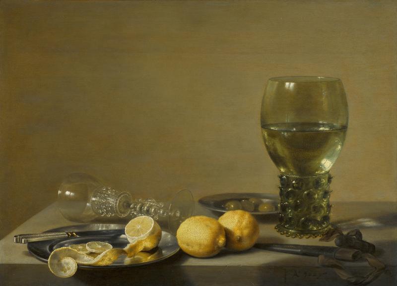 Lot 22 Pieter Claesz. Still Life of Lemons and Olives, Pewter Plates, a Roemer and a Façon-de-Venise wine Glass on a Ledge signed in monogram and dated lower right: PC Ao .1629. oil on oak panel 17 1/2 by 24 in.; 44.5 by 61 cm.; Estimate $700/900,000 Sold for 2,535,000