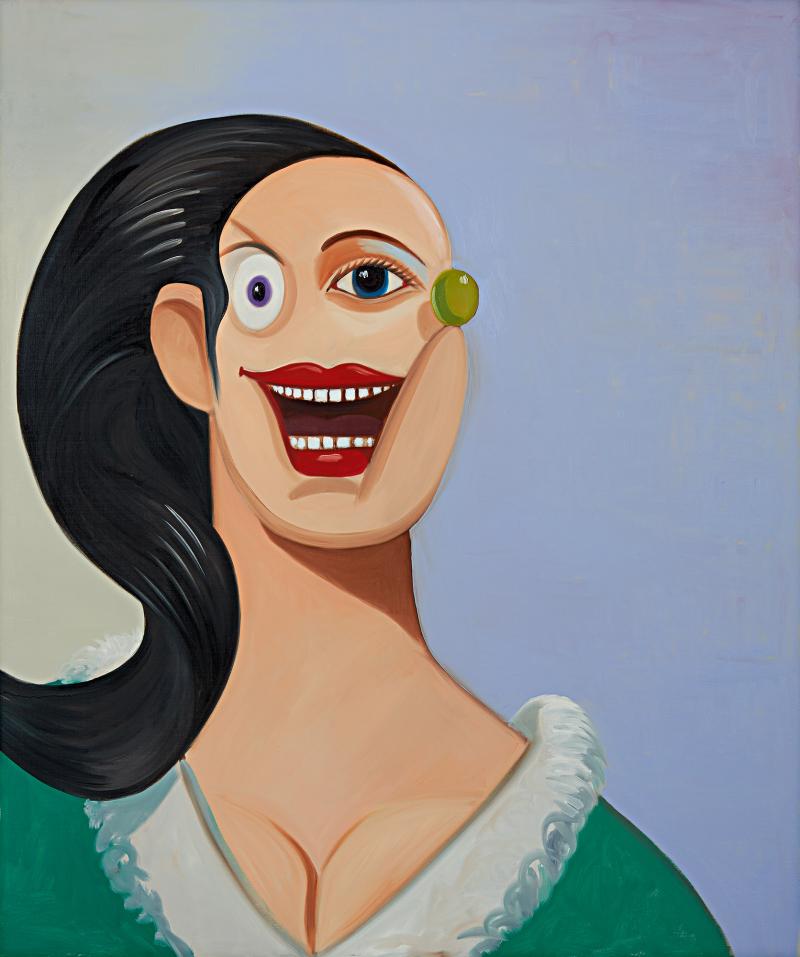 Lot 208 George Condo Smiling Girl with Black Hair signed and dated 08 on the reverse oil on canvas 72 by 60 in. 182.9 by 152.4 cm Estimate $1/1.5 million Sold for $1,340,000