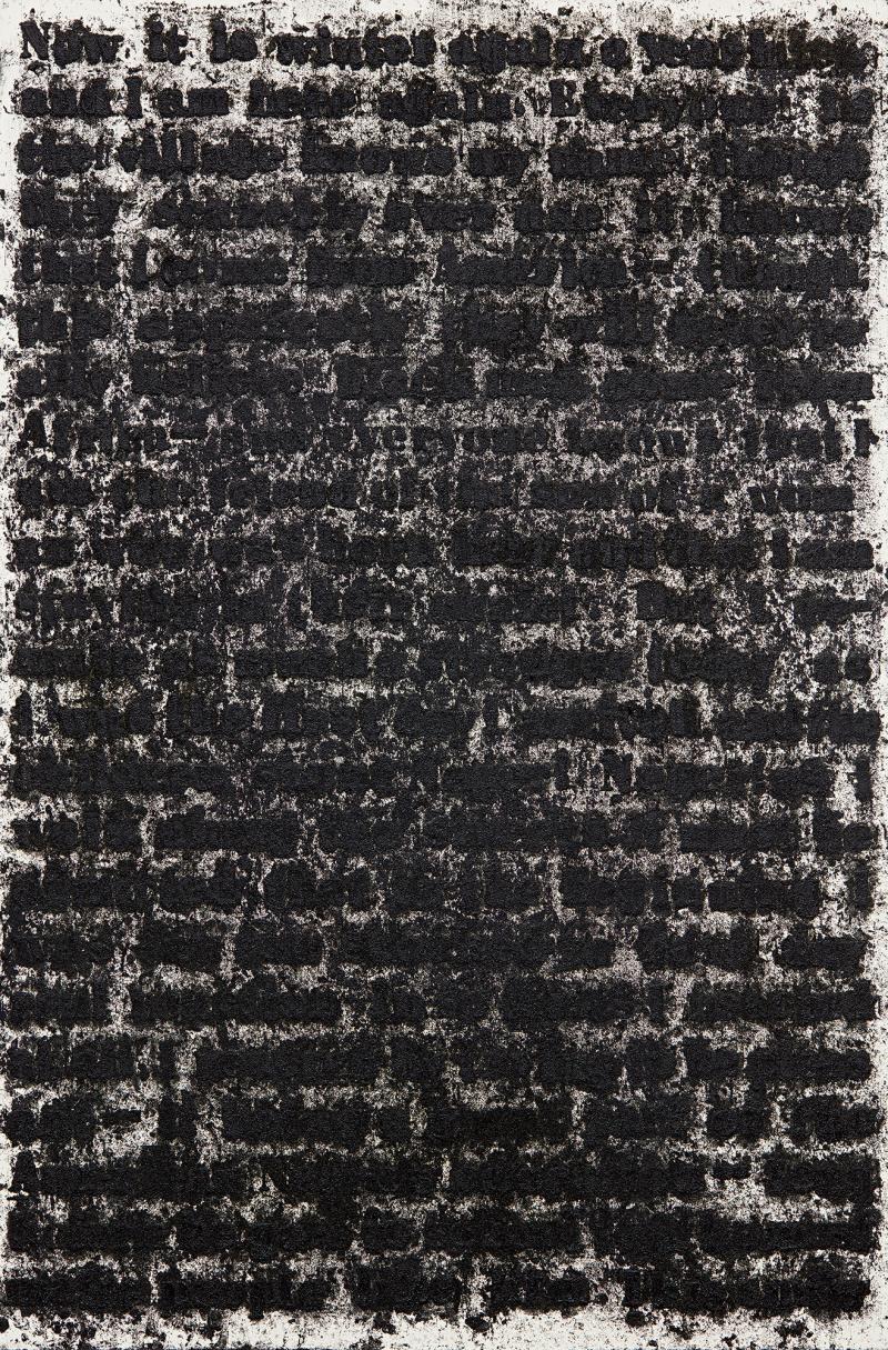 Lot 211 Glenn Ligon Stranger Drawings #6 signed, titled, and dated 2004 on the reverse oilstick and coal dust on paper mounted on aluminum 60 by 40 in. 152.4 by 101.6 cm. Estimate $400/600,000 Sold for $475,000