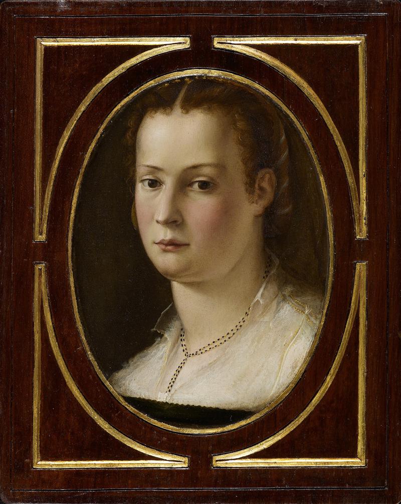 Carlo Orsi-Trinity Fine Art Jacopo Coppi,  called Jacopo Del Meglio (Florence 1546-91) Portrait of a Lady Oil on shaped and carved walnut-wood panel 37 x 29.8 cm (painted oval surface, 26 x 18.5 cm)