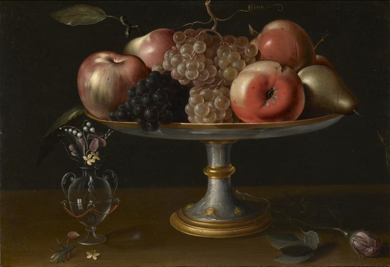 Carlo Orsi-Trinity Fine Art Panfilo Nuvolone  (Cremona 1581-Milan c. 1651) Still-life with Apples, Pears and Grapes, Flowers in a Glass Vase and a Rose Oil on panel 33.4 x 48.5 cm (131/8 x 191/8 in)