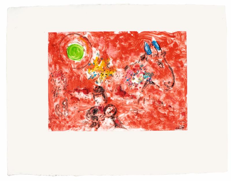 Marc Chagall „Paysage rouge“, 1974, Monotype (Unikat) auf Japanpapier, 30 x 42 cm, rechts unten signiert Bild: Galerie Française - Gérard Schneider/© Bildrecht Wien, 2019