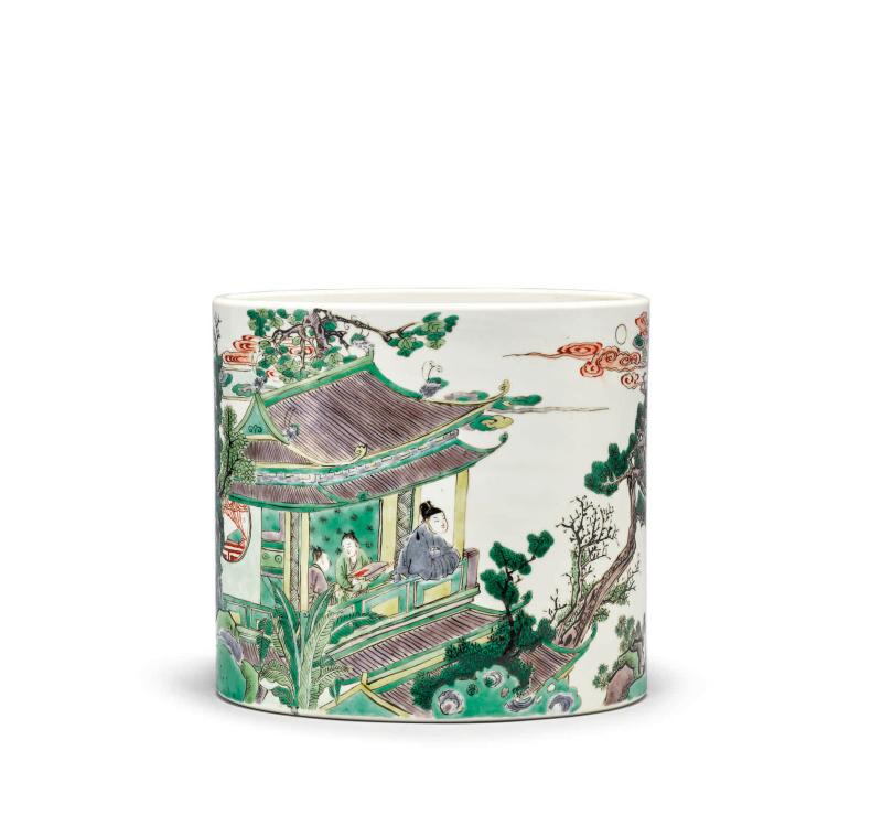 Lot 328 Kangxi: The Jie Rui Tang Collection, Part II Lot 328 An Extraordinary, Fine and Large Inscribed Famille-Verte Brushpot Qing Dynasty, Kangxi Period Estimate $80/120,000 Sold for $572,000