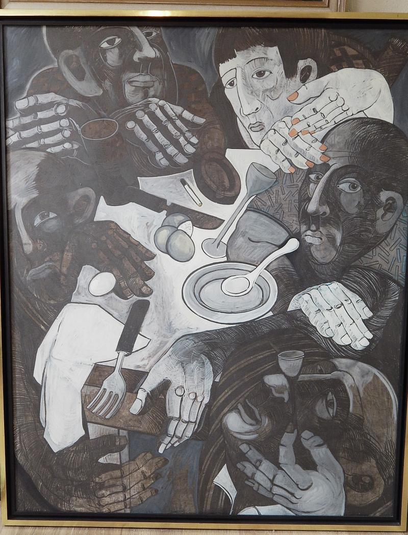 Peter Krusche (1953)"Am Tisch III",Mischtechnik und Öl auf Papier, auf Holz aufgezogen, signiert,ca.124,5x104cm