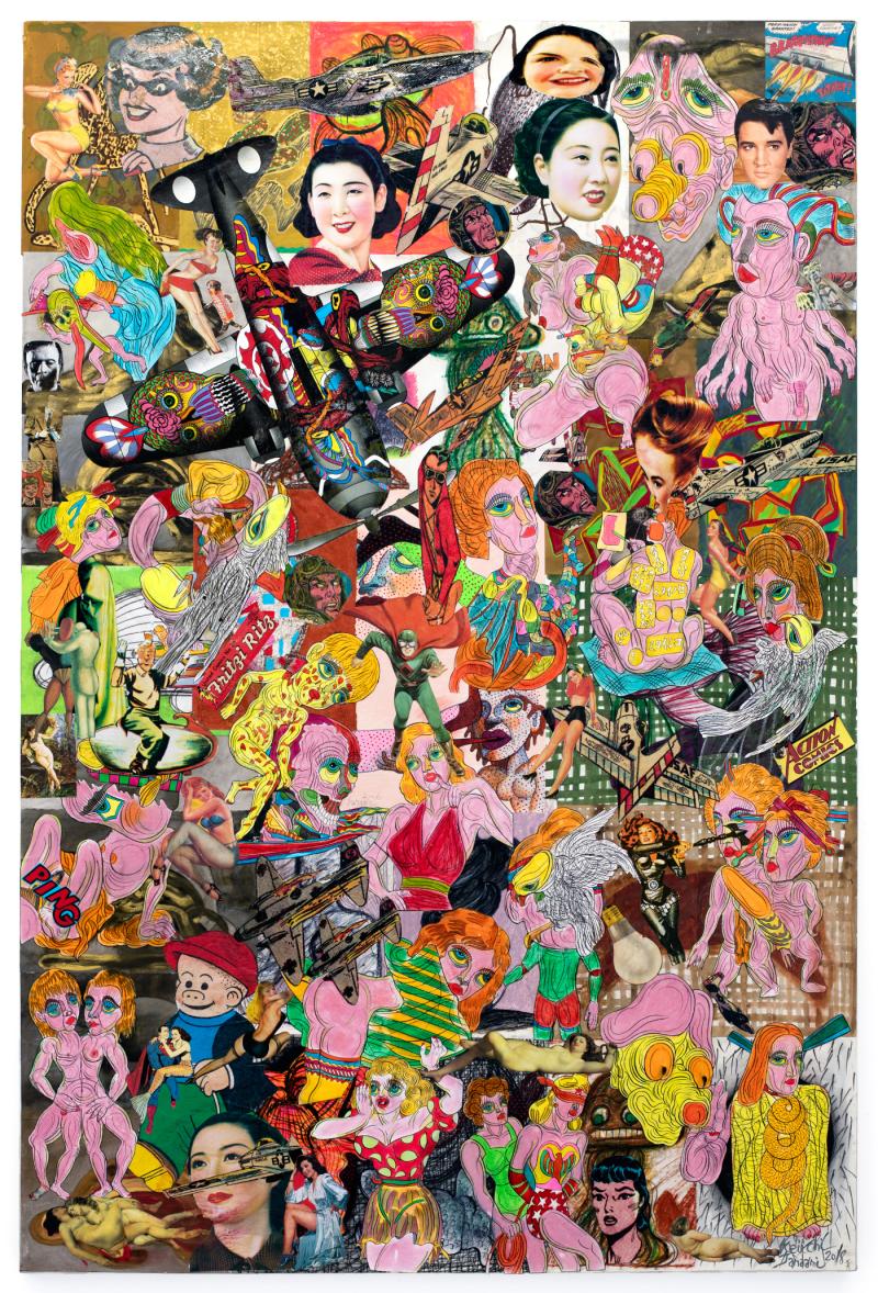 Keiichi Tanaami, Body and Mind's Eye, 2018 Cut digital canvas print, ink, color pencil, acrylic paint, old magazine scrap on canvas, 194 x 130 cm, ©Keiichi Tanaami, Courtesy of the artist and Nanzuka