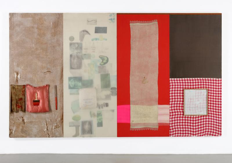 Robert Rauschenberg Rose Pole (Spread), 1978 Solvent transfer, fabric, acrylic and paper on wood panels with objects 215,9 x 370,8 x 12,7 cm (85 x 145,98 x 5 in) (RR 1135)