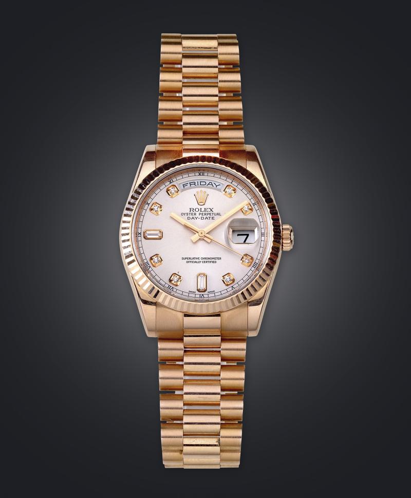 Rolex Oyster Perpetual Day-Date, Armbanduhr, Roségold 750, Automatik, Ankerwerk, Stundenindexe mit Diamanten, um 2007 Schätzwert € 12.000 – 18.000