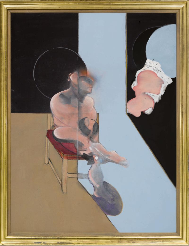 Lot 26 The Gerald L. Lennard Foundation Collection Francis Bacon Study for Portrait signed, titled, and dated 1981 on the reverse oil and dry transfer lettering on canvas 78 by 58 1/4 in. 198.1 by 148 cm. Estimate $12/18 million