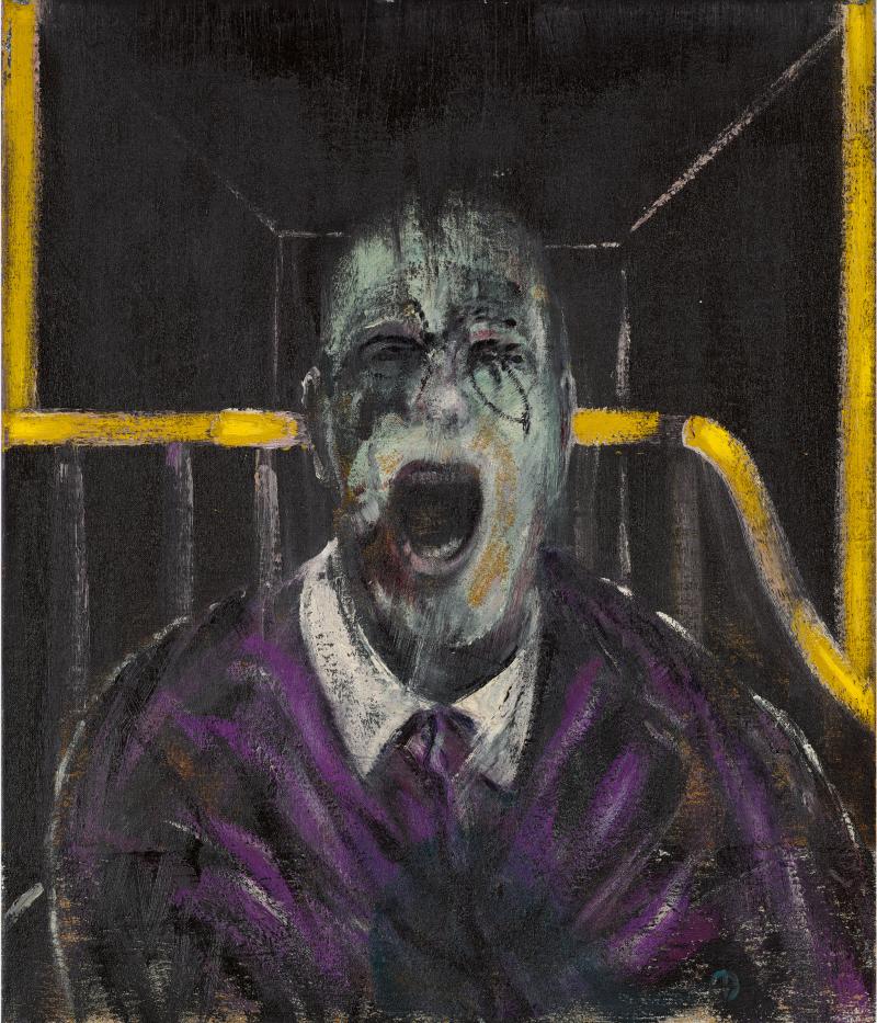 Lot 9 Works from the Collection of Richard E. Lang and Jane Lang Davis Francis Bacon Study for a Head inscribed with artist's symbol oil and sand on canvas 26 by 22 in. 66 by 56 cm. Executed in 1952. Estimate $20/30 million