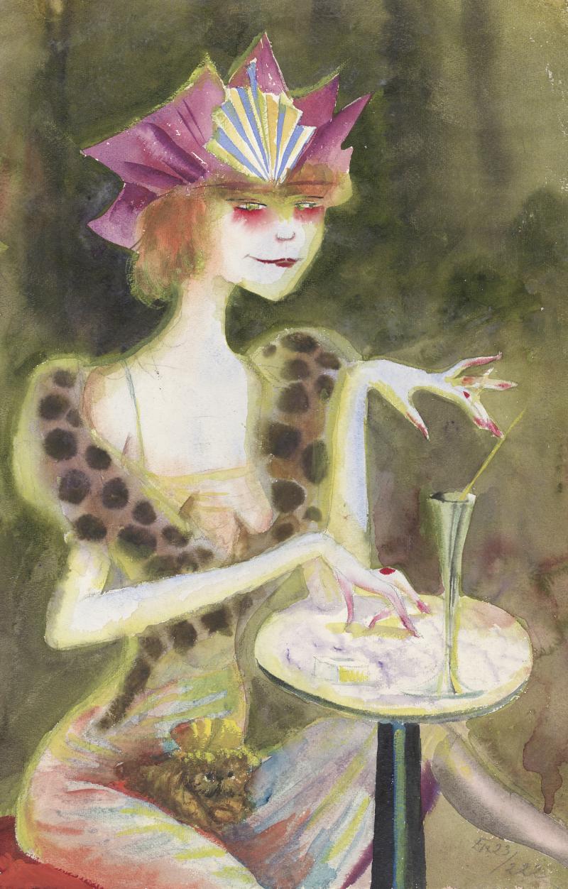 Otto Dix, Mieze, abends im Café, 1923; 56,7 x 38,7 cm, Bleistift und Aquarell auf Papier  © Buchheim Museum der Phantasie, Bernried am Starnberger See © Bildrecht Wien, 2019