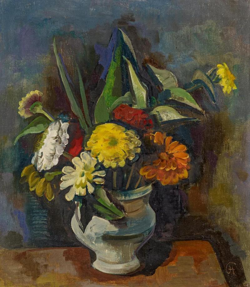 Karl Hofer (1878 – 1955) Blumenstrauß in grauer Vase (Zinnien) | 1933 | Öl auf Leinwand | 56 x 50,5 cm Taxe: 50.000 – 70.000 Euro