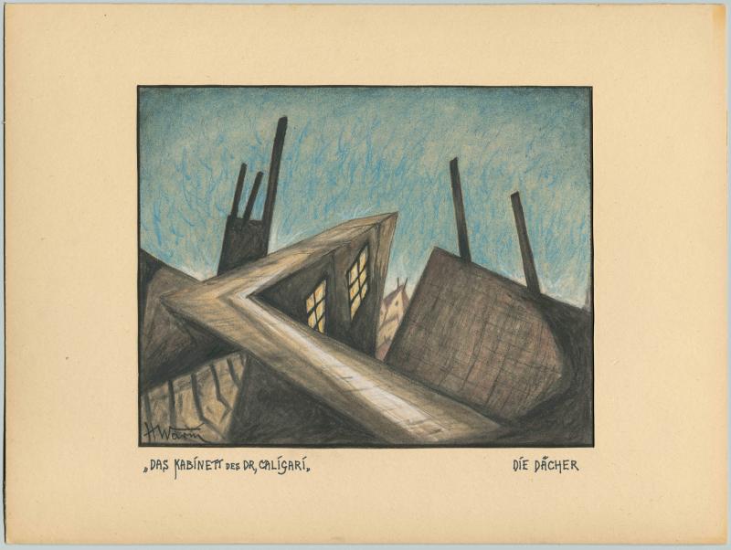 Hermann Warm (1889‐1976) Die Dächer The roofs Schwarze Kreide, Farbstifte und Kreide auf gelblichem Papier Black chalk, coloured pencils and chalk on yellowish paper 37,8 x 49,9 cm Sammlung/Collection: Deutsche Kinemathek – Hermann Warm Archiv © Hermann Warm; Deutsche Kinemathek Berlin