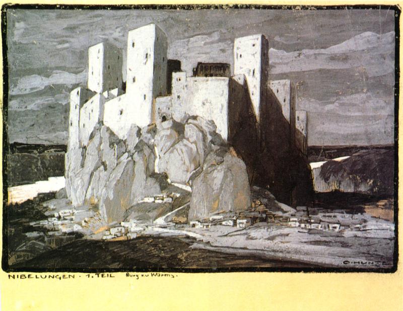 Otto Hunte (1881 – 1960) Burg zu Worms Worms Castle Tusche, Deckweiß auf Pappe Ink, opaque white on cardboard 33,5 x 48,6 cm © DFF – Deutsches Filminstitut & Filmmuseum, Frankfurt am Main / Sammlung Otto Hunte